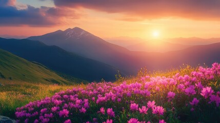 Obraz premium Blooming pink flowers in a vibrant landscape during sunset with mountains in the background and colorful sky Copy Space, Sunset Over a Blooming Purple Mountain Meadow During Springtime Sunset Over