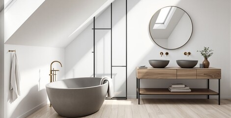 Minimalist attic bathroom with round freestanding tub, wooden vanity, vessel sinks, and skylight, in soft neutral tones and natural lighting. Ai generative