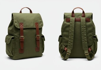Naklejka premium Two views of an olive green canvas backpack with brown leather straps and buckles on a white backdrop
