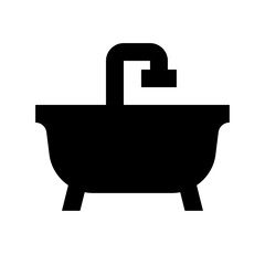 A black silhouette of a bathtub with a faucet is centered on a white background in a simple design