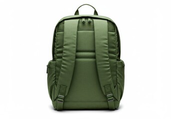 Naklejka premium Rear view of a green backpack with straps and pockets against a white background in a studio shot