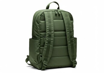 Naklejka premium Rear view of an olive green backpack with padded straps and side pockets against a white background