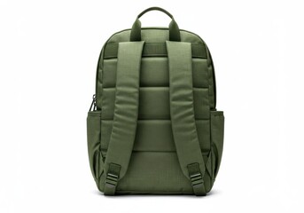 Rear view of a green backpack with padded straps and a quilted texture against a white background space
