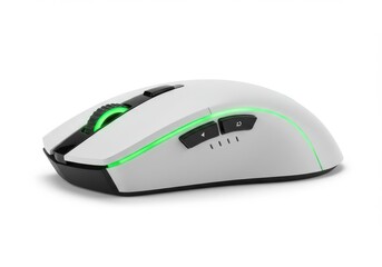 A white and black gaming mouse with green led lighting on a white background in a studio shot