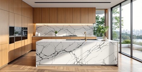 Sleek modern kitchen with marble island, wooden cabinets, and large windows showing city view, in clean minimalistic design concept. Ai generative