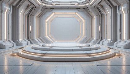 Obraz premium Sci fi hallway with glowing white portal in futuristic design