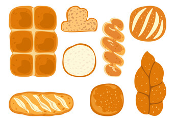 Bakery and fresh pastries set. Collection of homemade breads, fresh french bread slices, baguettes, assortment. Bakery and shop. Flat design vector illustration elements. Isolated. White background.