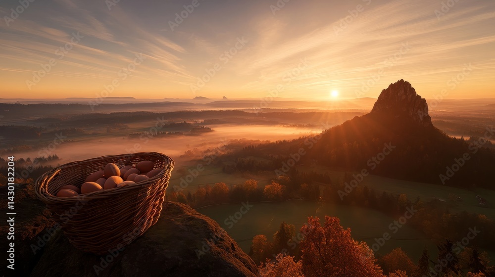 Poster panoramic view captures a towering mountain peak surrounded by vibrant autumn colors, with mist curl