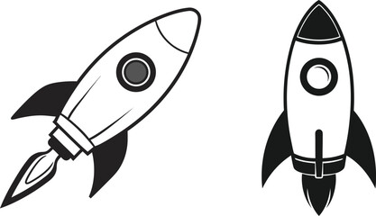Stylized Rocket Ship Vector – Retro Black and White Illustration with Simple Geometric Shapes, 1950s Sci-Fi Aesthetic, Minimalist Spacecraft Design for Futuristic Artwork