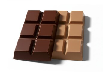 A close up of a chocolate bar with both milk and dark chocolate squares on a white background surface