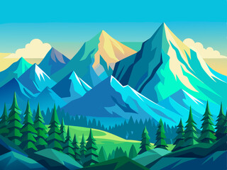 A peaceful vector of a stylized mountain range with green forest and blue tones, placed on a solid pale sky-blue background