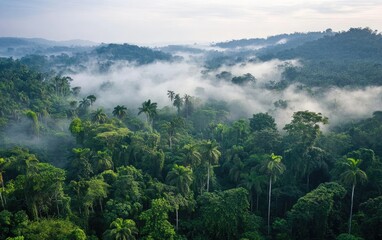Misty rainforest landscape. Lush green forest canopy, dense foliage, misty atmosphere. Elevated perspective