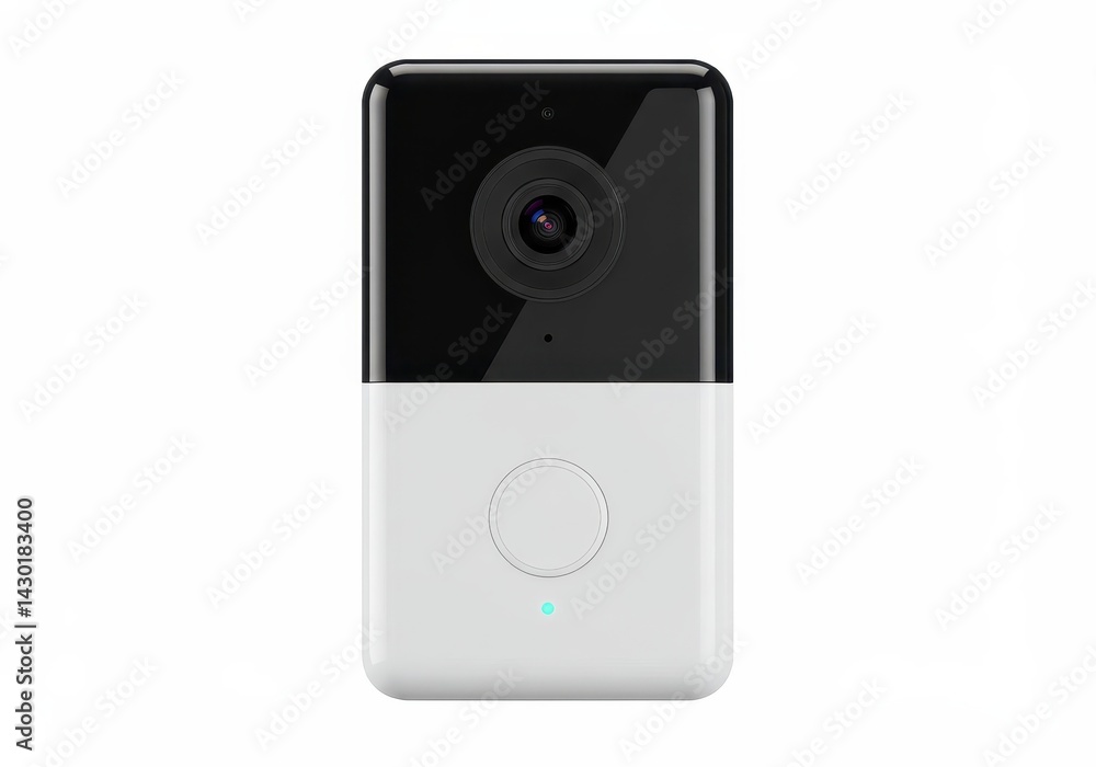 Poster a close up of a black and white security camera with a green light on a white background setup cente