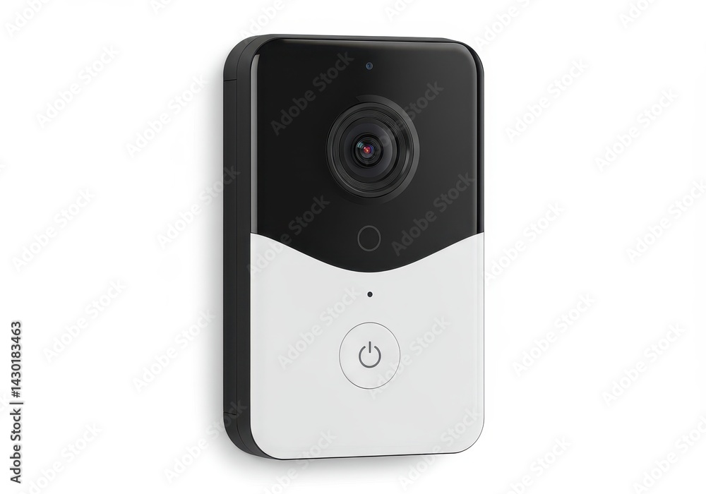 Poster camera device with black and white design featuring a lens and a power button on a white background