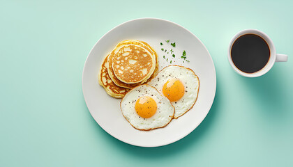 Breakfast with fried eggs, bacon, pancakes and coffee, top view. Fried sunny side eggs with bacon on plate and morning cappuccino coffee. American breakfast