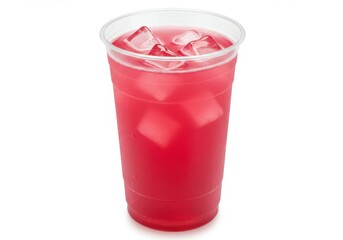 A clear plastic cup filled with a red liquid and ice cubes isolated on a white background surface view