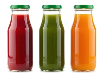 Three glass bottles filled with colorful juice and green caps isolated on a white background close up