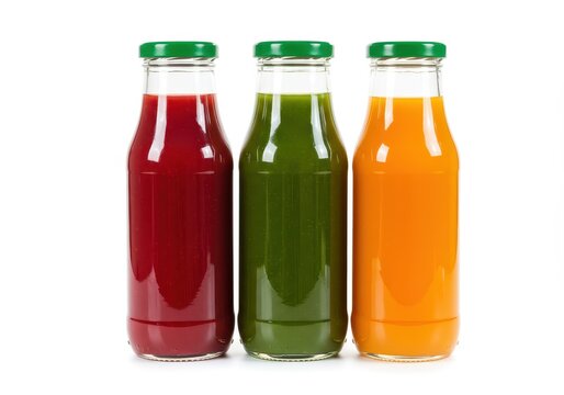 Three glass bottles filled with colorful juices standing side by side on a white background surface view
