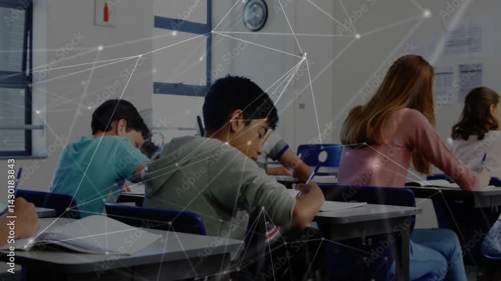 Aufkleber classmates writing at desks in education, showing digital network overlay connecting nodes