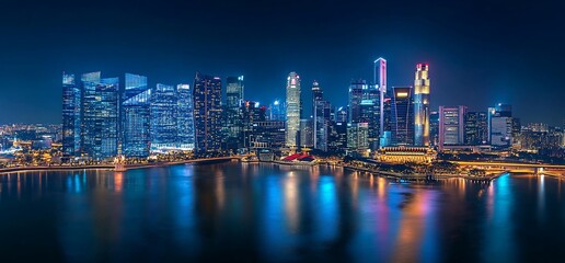 Fototapeta premium Luminous urban panorama: Reflecting city lights in the night water surface