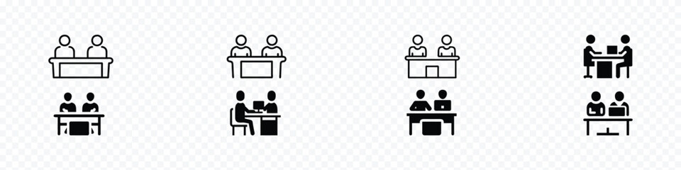 Workplace Icon – Two Colleagues Meeting at Office Desk with Computer Monitor. Two people working, Two people are sitting at a desk with a computer monitor in front icon