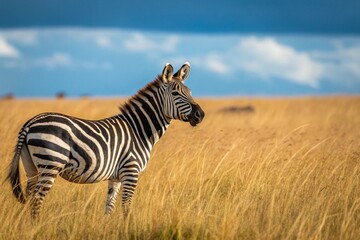 Naklejka premium A zebra stands in yellow grass during a safari
