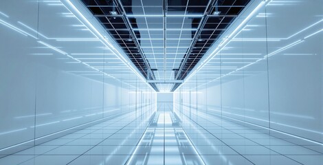 Futuristic corridor with glowing neon lines, sci-fi digital style, glossy white background, concept of technology and innovation, Ai generative