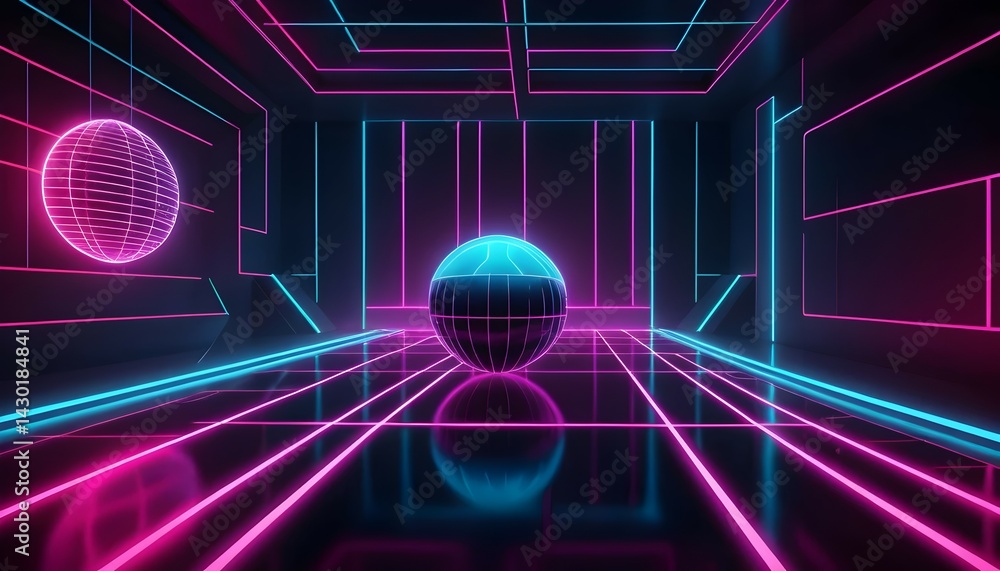 Poster glowing neon room with spheres and lines creating a retro effect