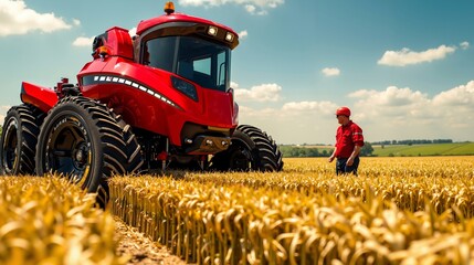 A man standing in a field next to a red tractor