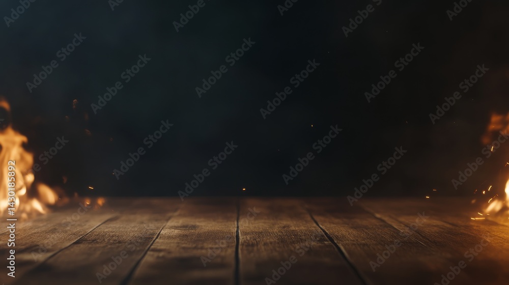 Poster a side-angle view reveals vivid flames consuming the edges of a blank wooden table. sparks and smoke