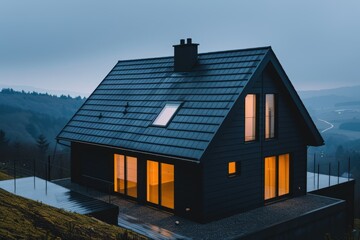 Obraz premium Cozy modern house on a hill during twilight hours.