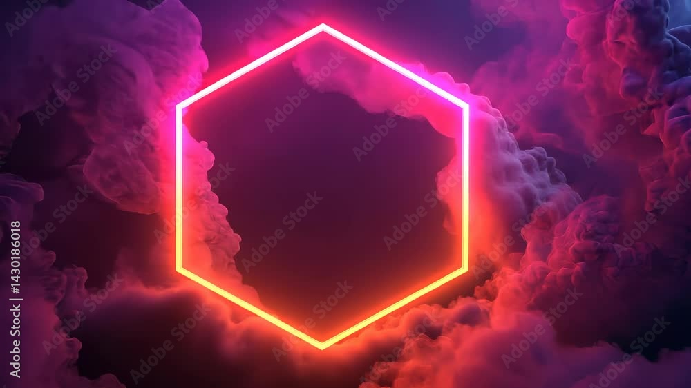 Poster vibrant creating hexagon frame glowing amidst colorful abstract clouds, contrast a striking visual n