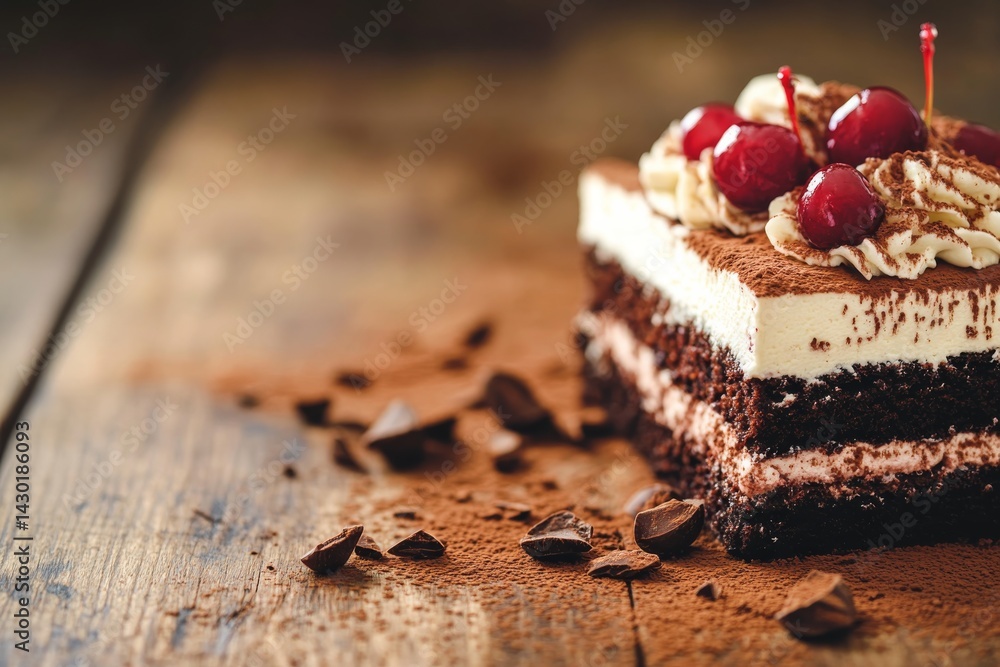 Poster layered chocolate cake topped with whipped cream and cherries rests on a rustic wooden table, surrou