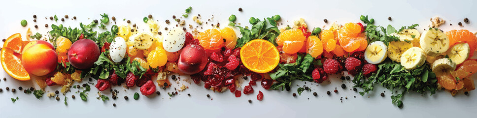 Fresh Fruit and Vegetable Arrangement on White Background.