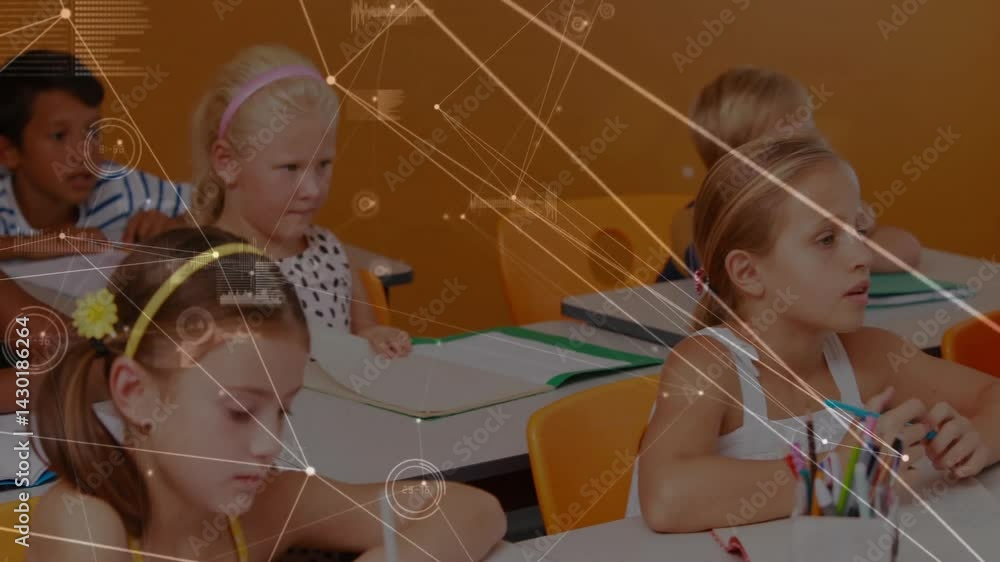 Poster primary school students writing in classroom, showing notebooks and digital network graphics