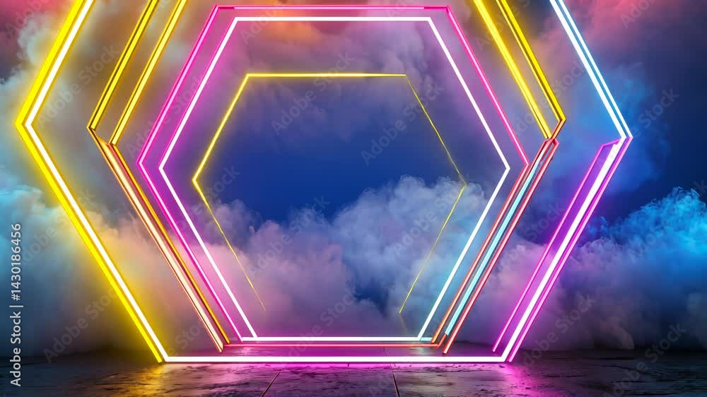 Poster vibrant neon hexagon background glowing amidst colorful visual clouds, creating a frame abstract con
