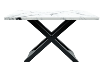 Elegant white marble dining table with a sleek black X base perfect for modern interiors clean studio shot on black on transparent background