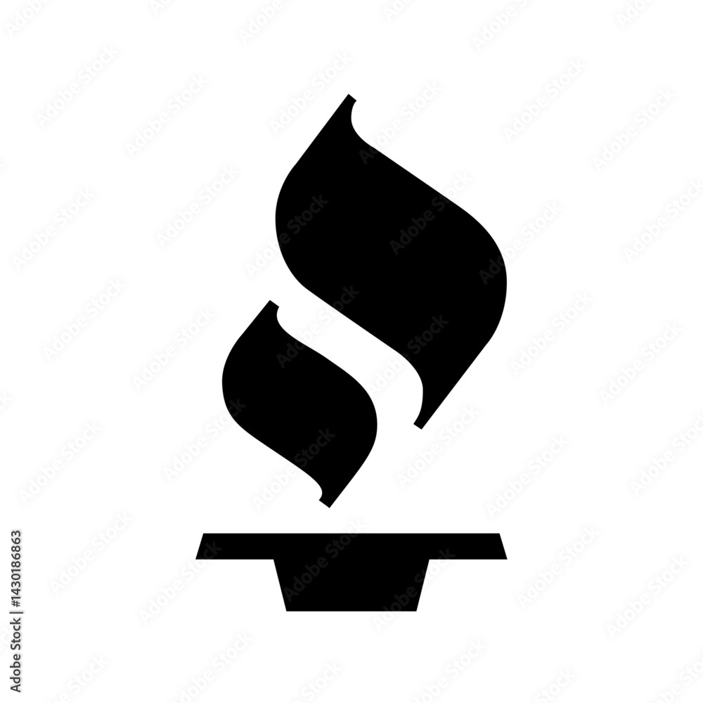 Poster illustration of a stylized black flame emanating from a simple rectangular base on a white backgroun