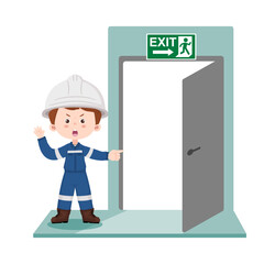 Cartoon engineer showing emergency exit door with green safety sign. Evacuation and workplace safety concept. Vector illustration isolated on a white background.