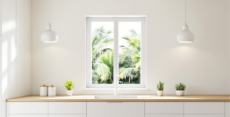 Modern white kitchen setup with potted plants and wooden counter, tropical palm trees visible through window, minimal style, concept of calm living. Ai generative