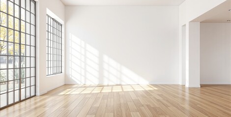 Obraz premium Spacious empty room with large grid glass windows and wooden floor, minimalist style, white wall background, concept of modern home interior. Ai generative