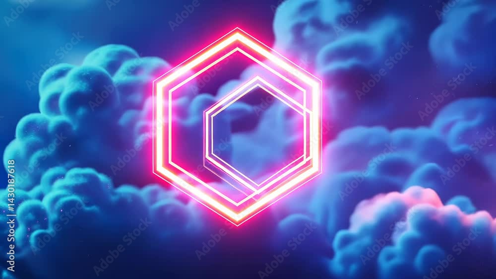 Aufkleber vibrant neon hexagon frame glowing contrast colorful abstract clouds background gradient of pink and