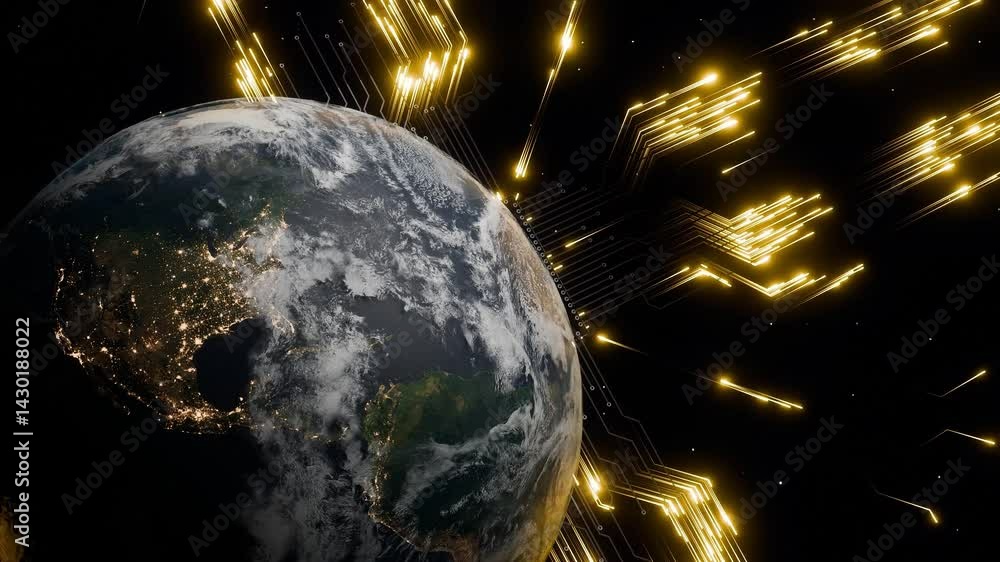 Poster planet earth with visible north america at night and glowing golden digital arrows in outer space. 3