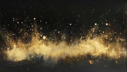 Fototapeta premium Abstract cosmic explosion, gold dust on black canvas. A dynamic display of golden particles against a dark backdrop, resembling a celestial explosion or nebula. Delicate gold speckles and wispy,