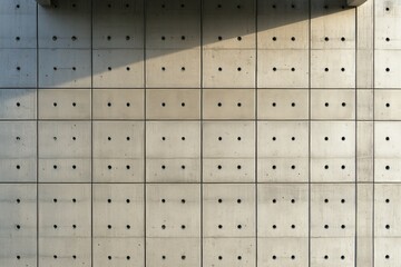 Modern, gridded concrete wall with perforations, shadows
