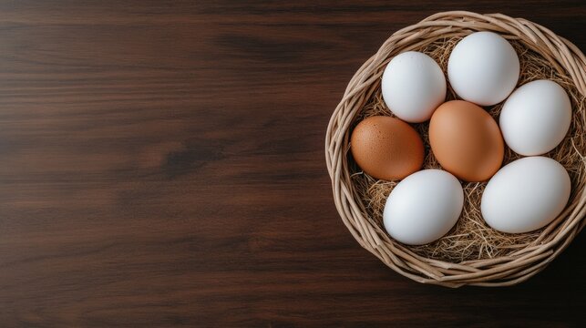 Fresh white and brown eggs arranged beautifully in a woven basket on a wooden table. National Egg Day
