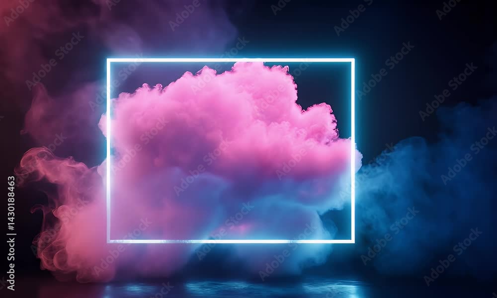 Aufkleber 3d render of a cloud with a neon light square frame on a dark background, a glowing abstract geometr