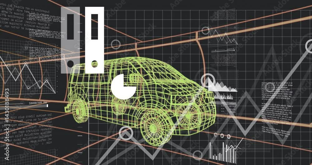 Aufkleber neon green 3d wireframe suv model floating within orange grid, showing pie chart and bar graph