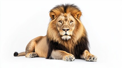 Obraz premium Majestic male lion lying down, isolated on white background.