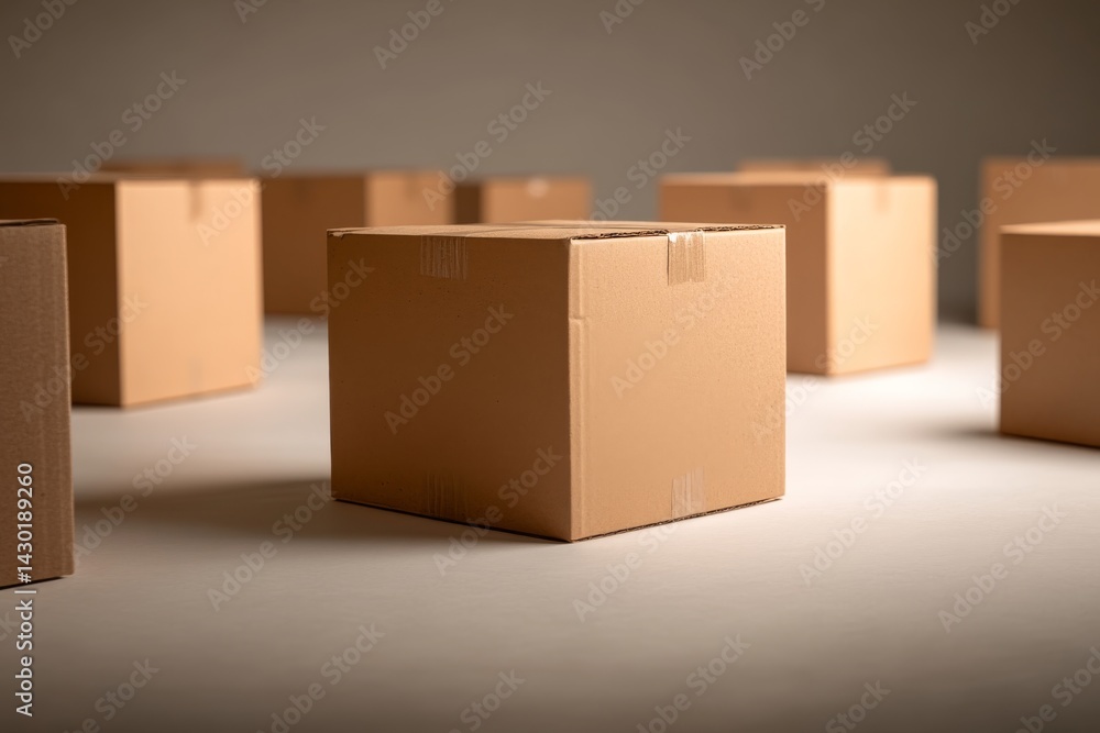 Poster top-down perspective highlights scattered cardboard boxes against a soft white background, enhancing